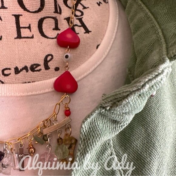 Vintage coral hearts multi stone multi charms gold adjustable necklace - Picture 5 of 8